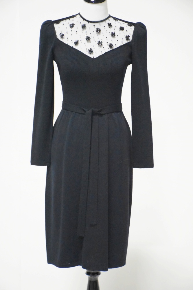 Vintage St. John Black Knit Dress with Sequin Detailing at the Neckline
