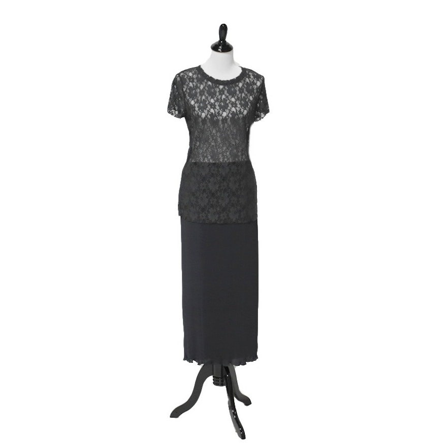 Grey Chantilly Lace and Pleated Skirt Evening Wear