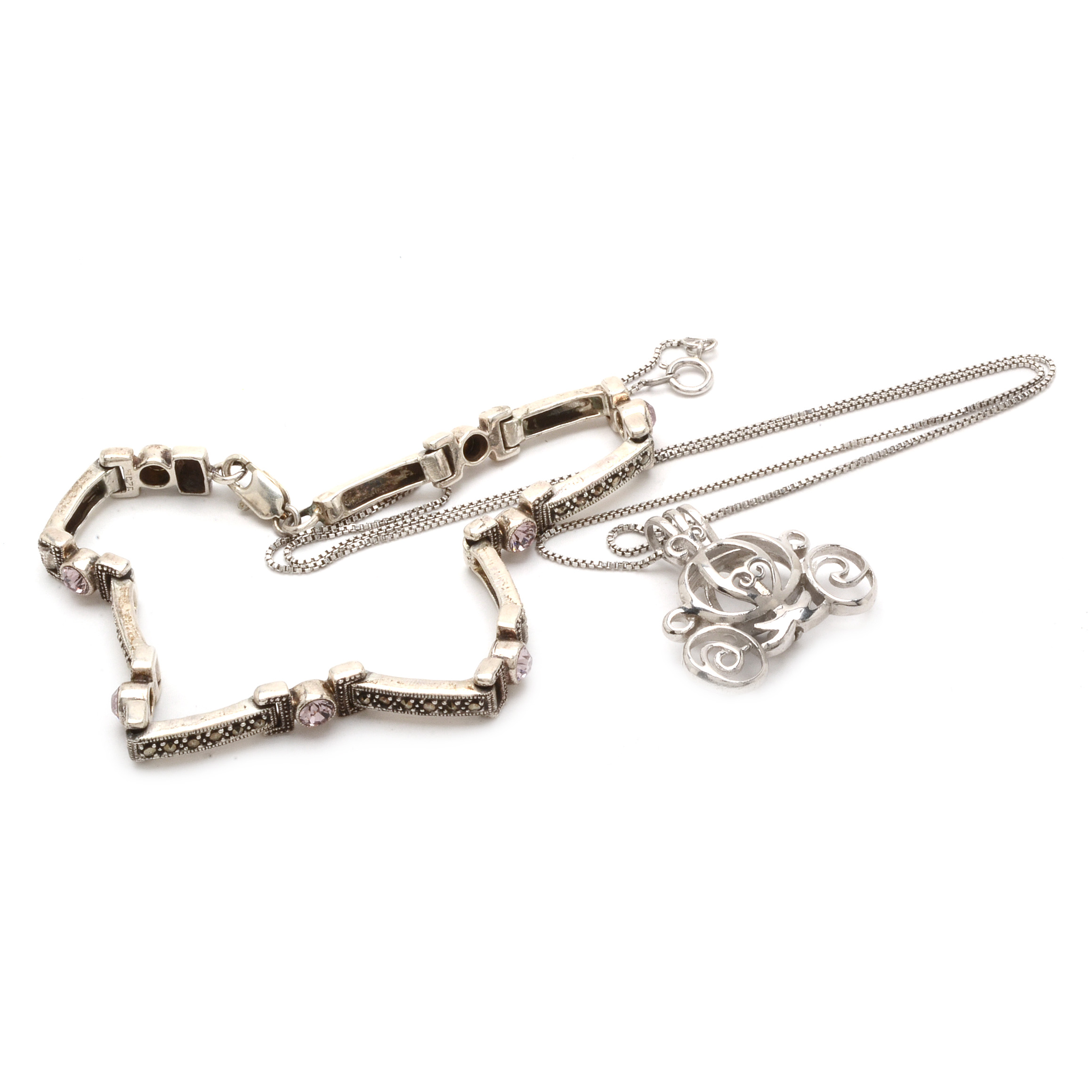 Sterling Silver Marcasite Bracelet with a Carriage Pendant Necklace