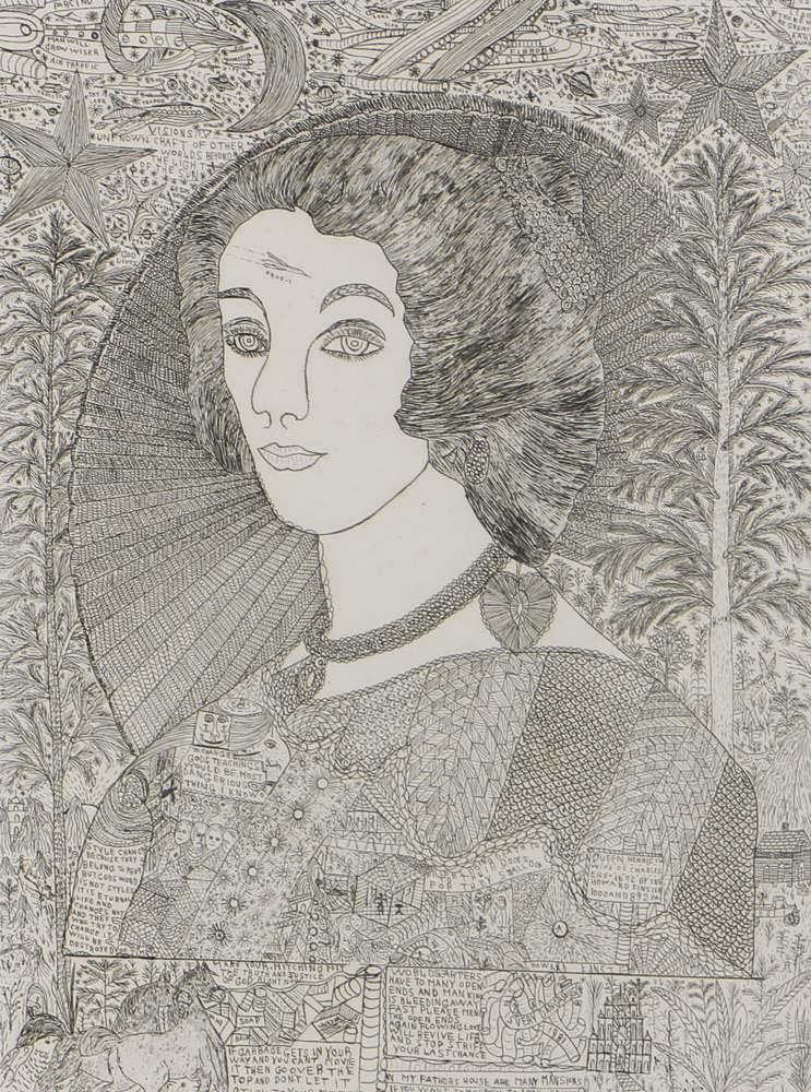 Howard Finster Etching on Paper "Queen Henrietta"