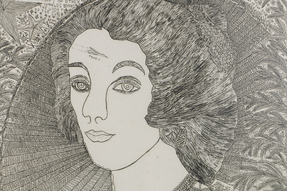 Howard Finster Etching on Paper "Queen Henrietta"