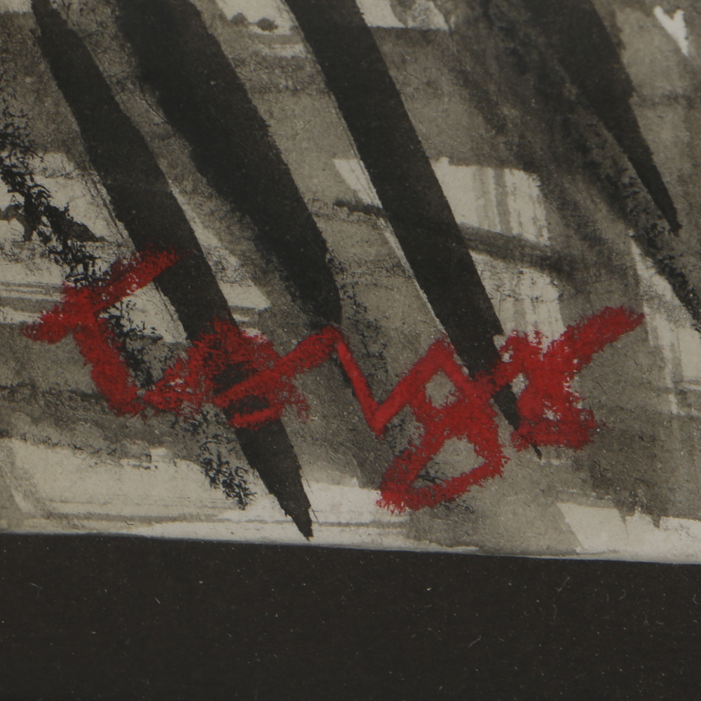 Tongo Watercolor Painting and Pastel Drawing on Paper Abstract Prison Scene