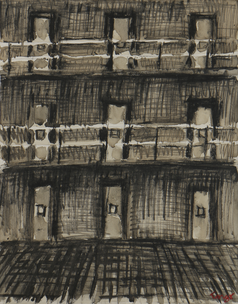 Tongo Watercolor Painting and Pastel Drawing on Paper Abstract Prison Scene