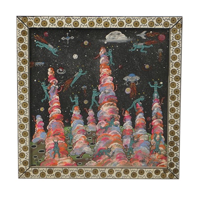Michael Finster Oil Painting on Panel "Napompa Aliens Visiting a Strange Planet" Michael Finster Oil Painting on Panel "Napompa Aliens Visiting a Strange Planet"