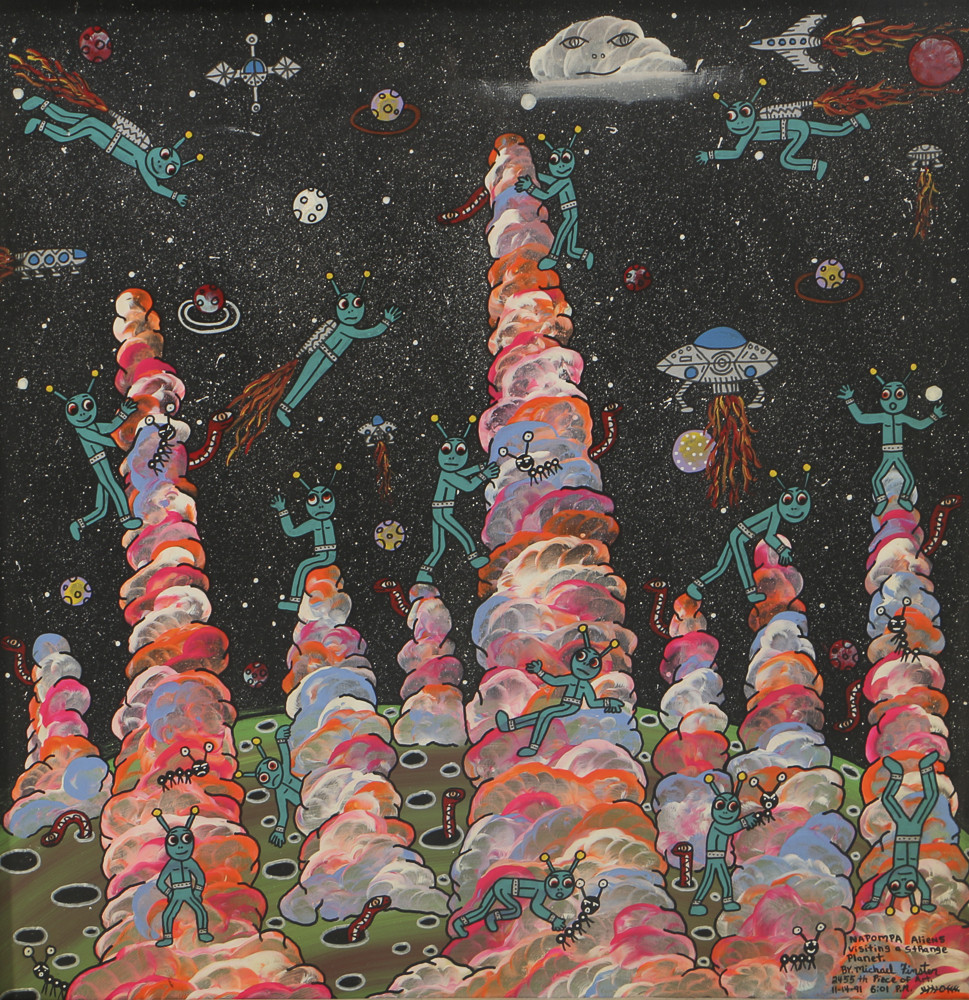 Michael Finster Oil Painting on Panel "Napompa Aliens Visiting a Strange Planet"