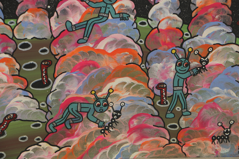 Michael Finster Oil Painting on Panel "Napompa Aliens Visiting a Strange Planet"