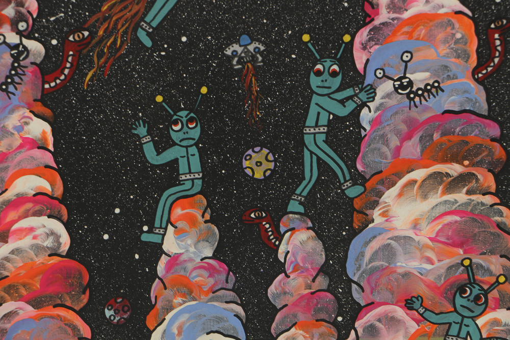 Michael Finster Oil Painting on Panel "Napompa Aliens Visiting a Strange Planet"