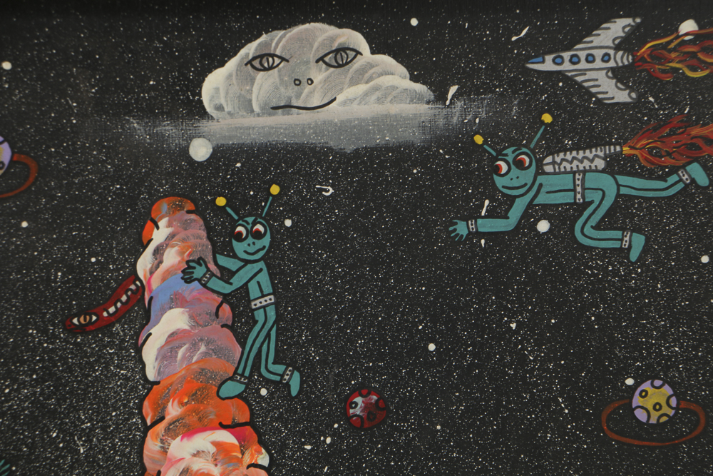 Michael Finster Oil Painting on Panel "Napompa Aliens Visiting a Strange Planet"