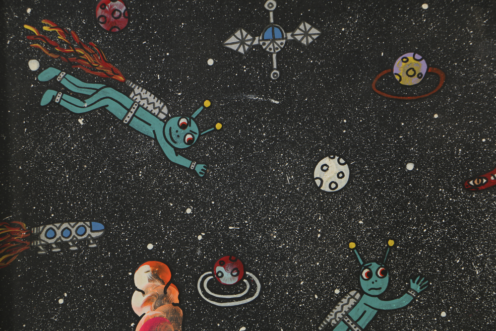 Michael Finster Oil Painting on Panel "Napompa Aliens Visiting a Strange Planet"