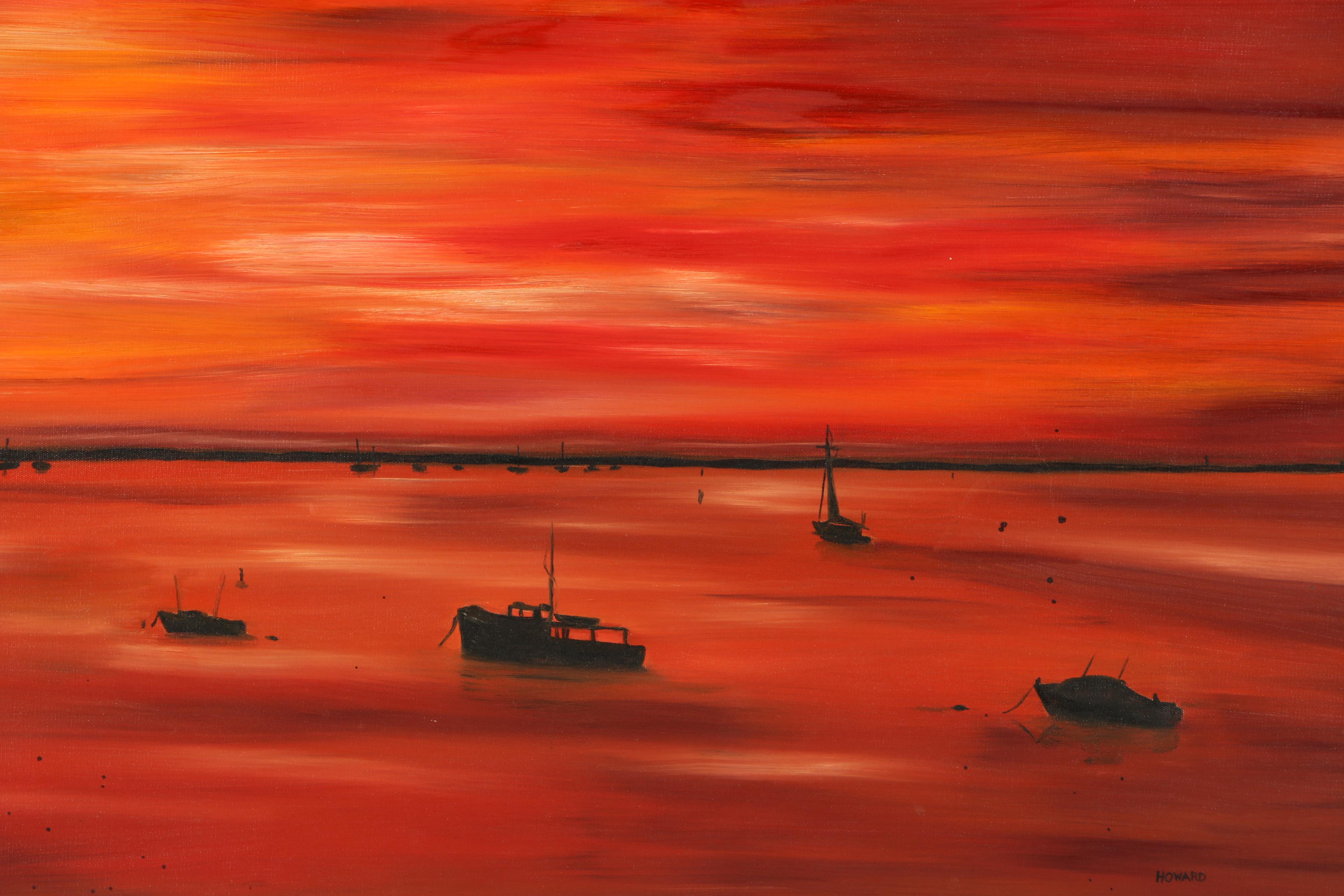 Howard Oil Painting of Boats on the Water at Sunset