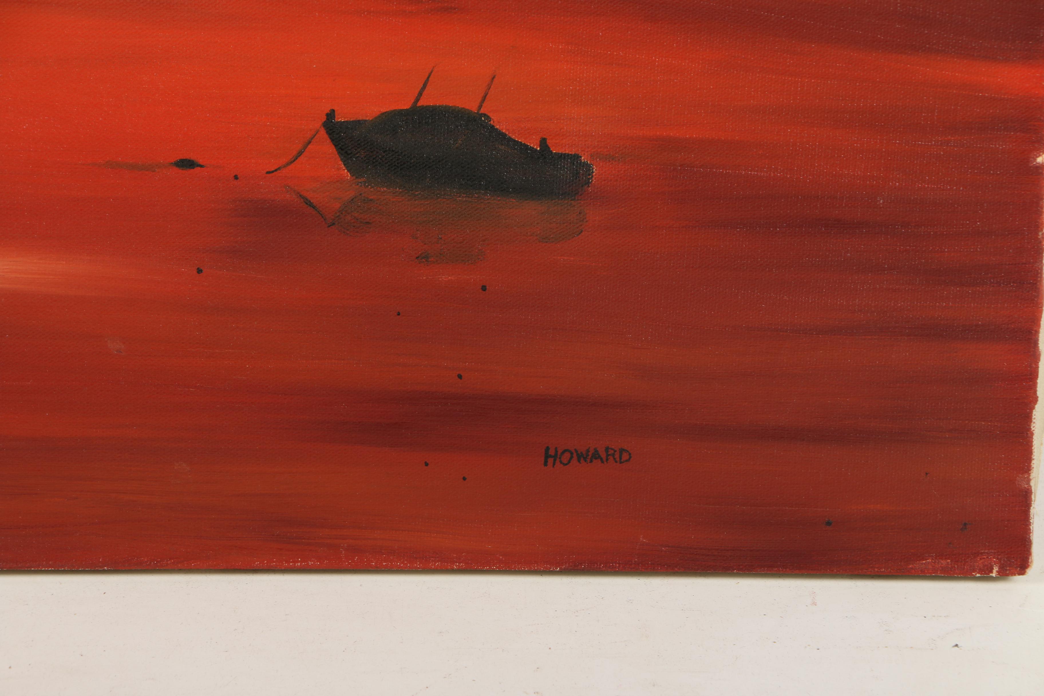 Howard Oil Painting of Boats on the Water at Sunset