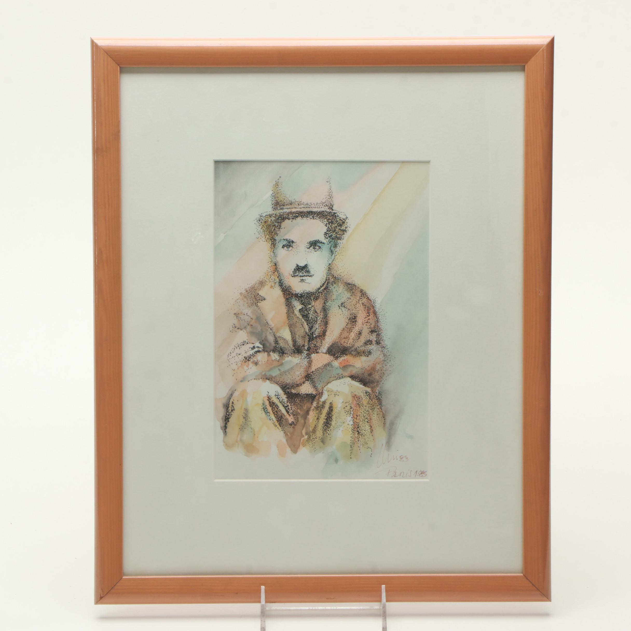 Hand-Colored Lithograph of Charlie Chaplin