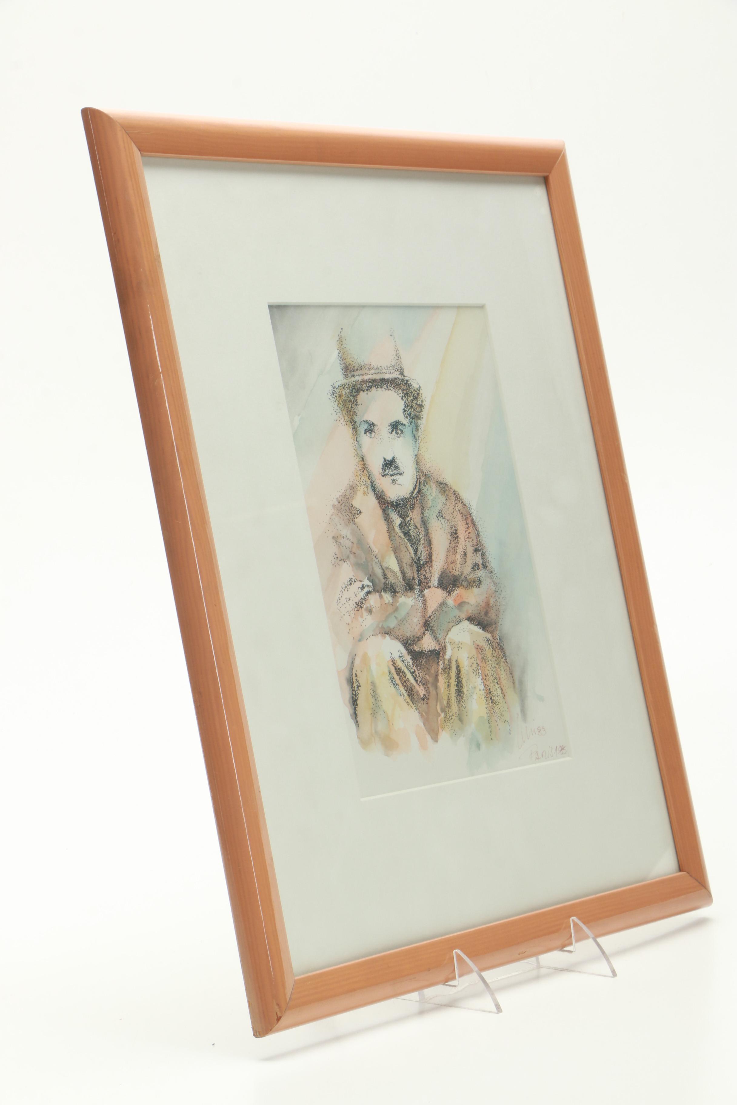 Hand-Colored Lithograph of Charlie Chaplin