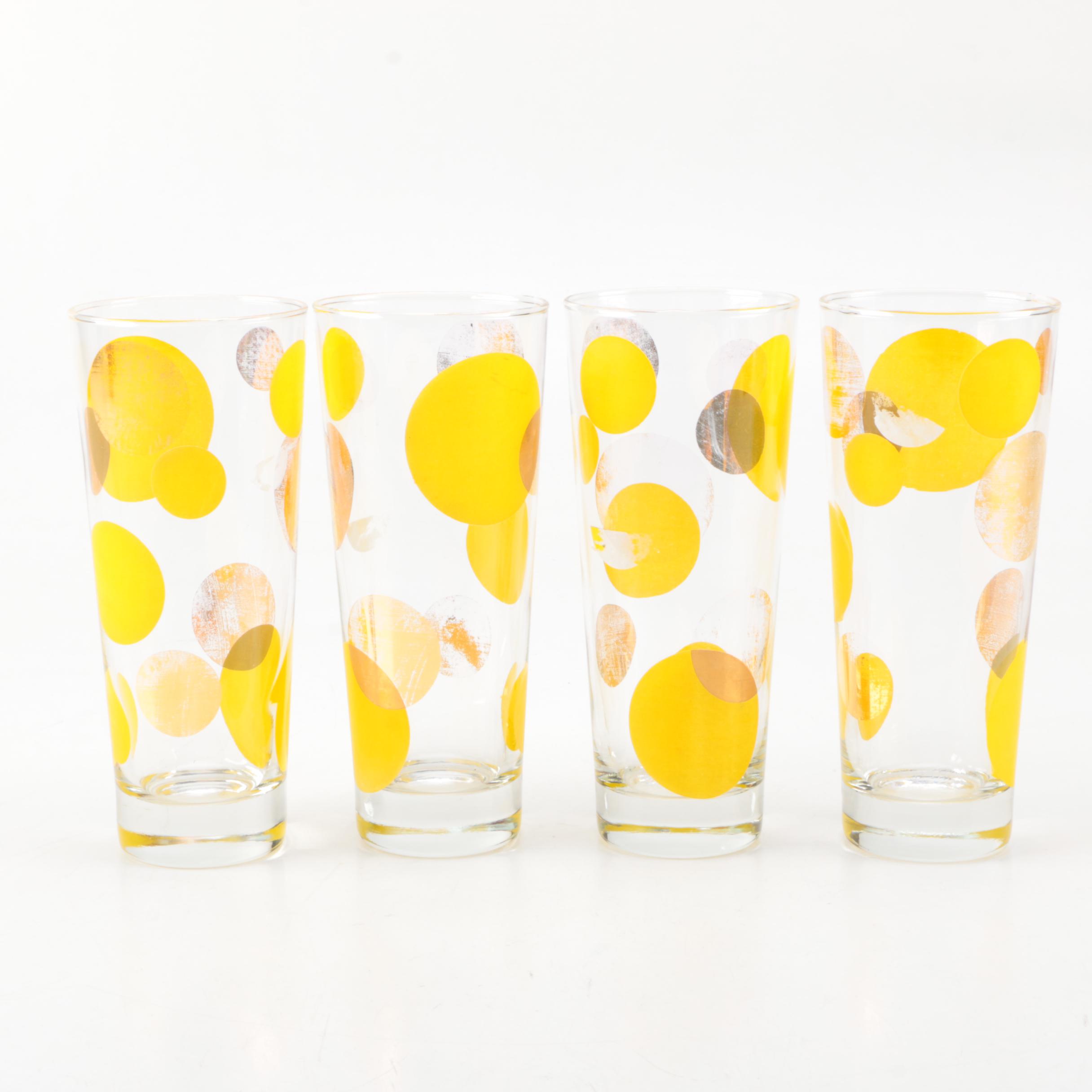 Four Mid Century Modern Drinking Glasses with Yellow Circle Motif