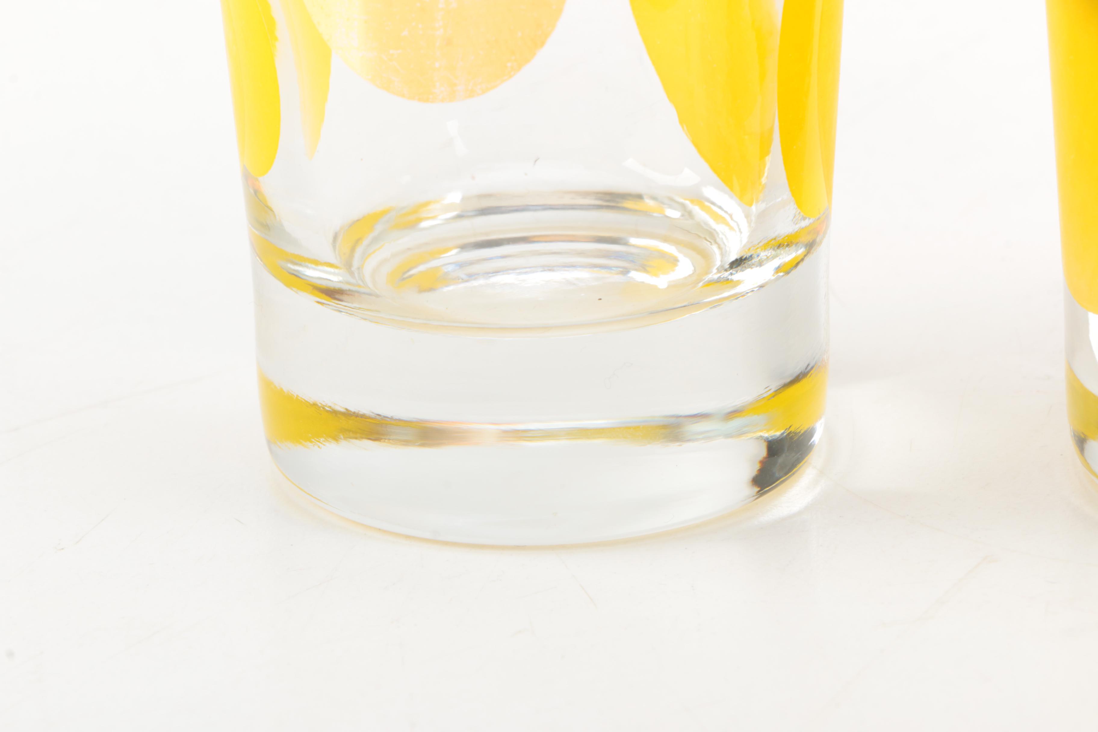 Four Mid Century Modern Drinking Glasses with Yellow Circle Motif