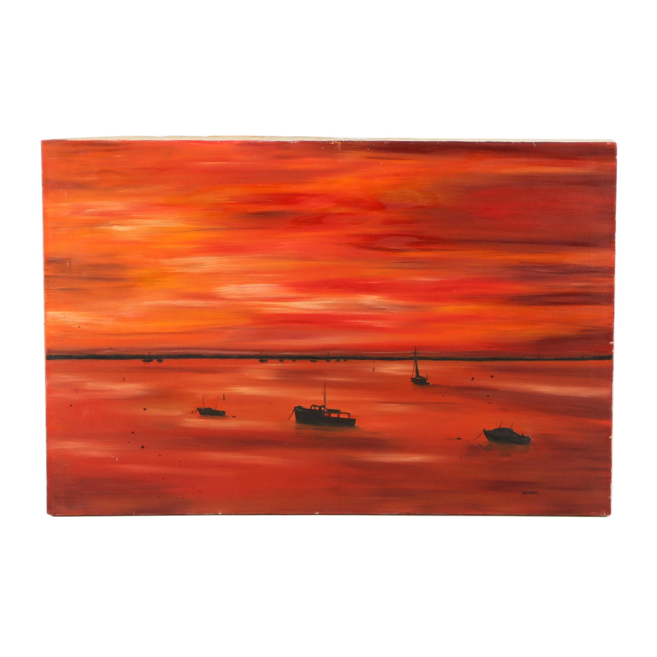 Howard Oil Painting of Boats on the Water at Sunset