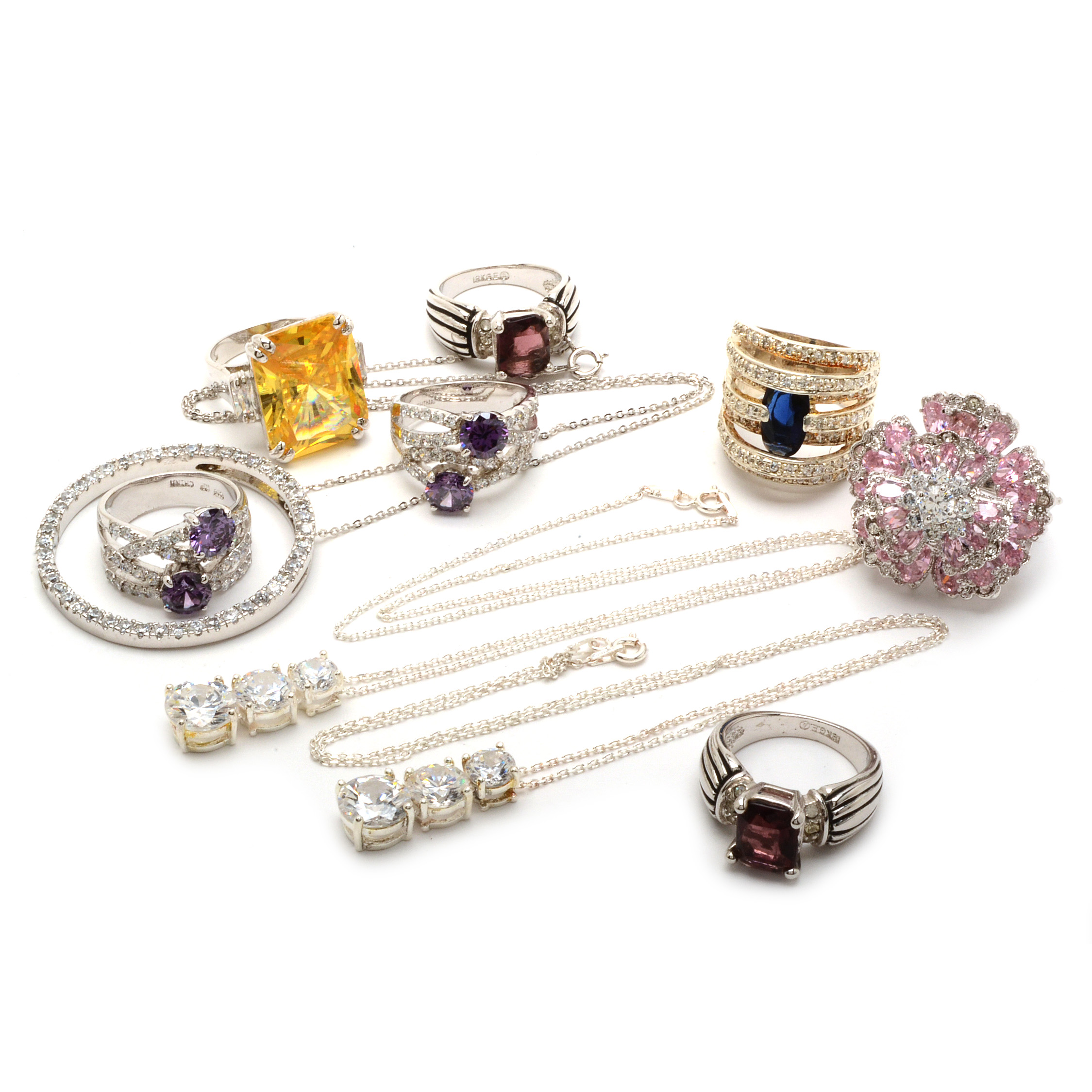 Sterling Silver Rings and Pendant Necklaces with Cubic Zirconia and Glass Stones