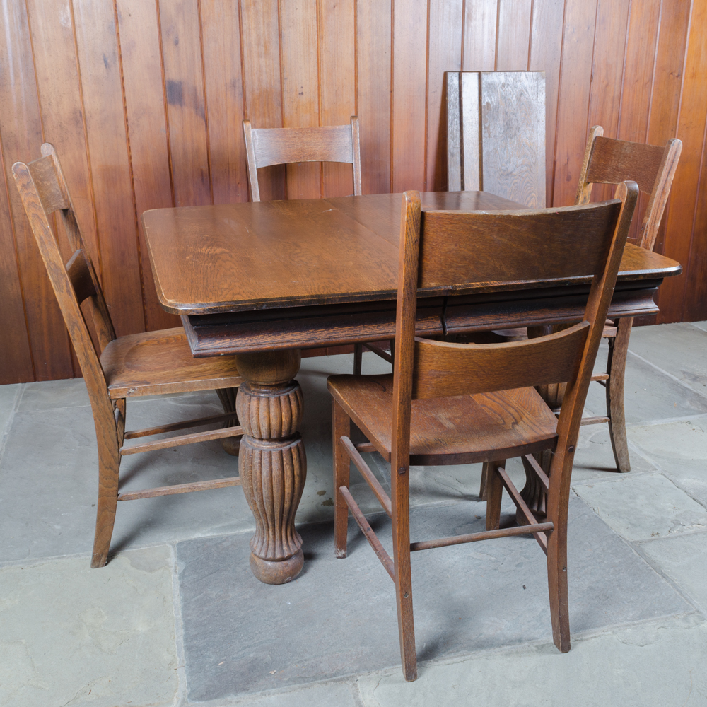 Vintage Oak Dining Table with Leaf Inserts and Chairs