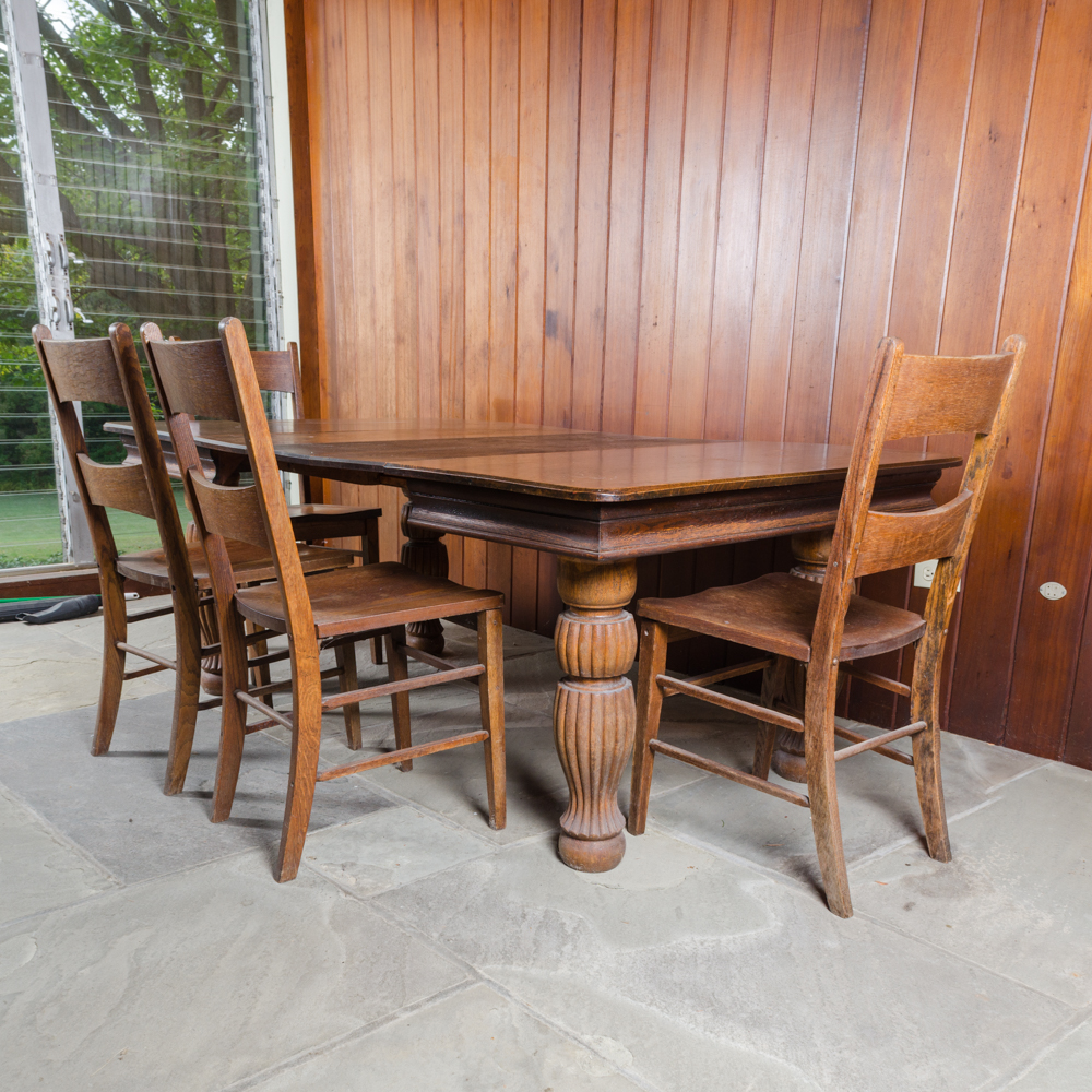 Vintage Oak Dining Table with Leaf Inserts and Chairs