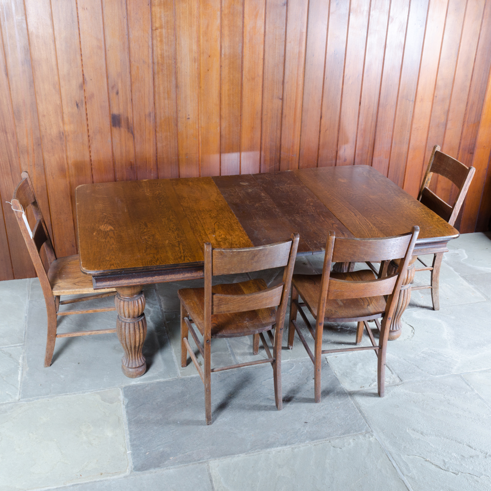 Vintage Oak Dining Table with Leaf Inserts and Chairs