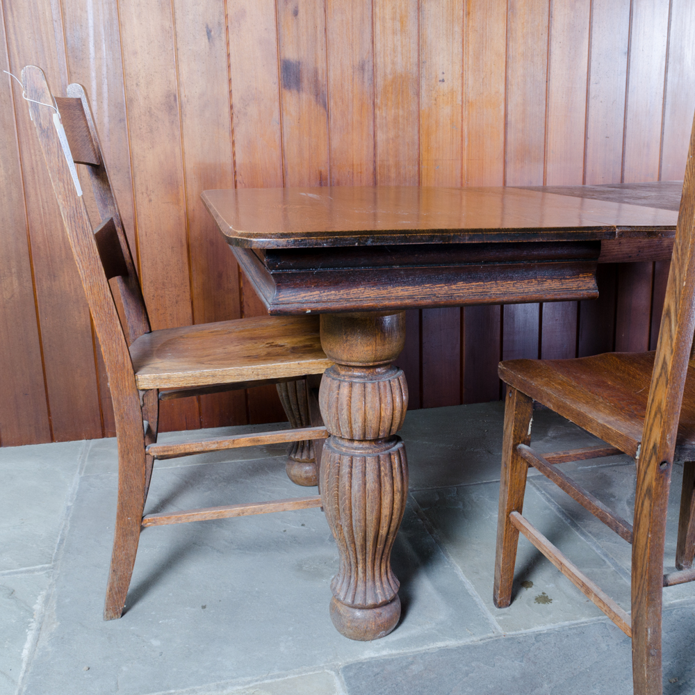 Vintage Oak Dining Table with Leaf Inserts and Chairs