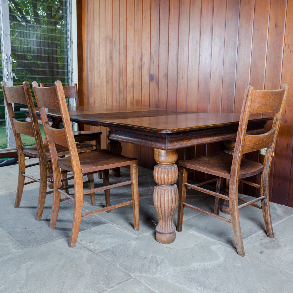 Vintage Oak Dining Table with Leaf Inserts and Chairs