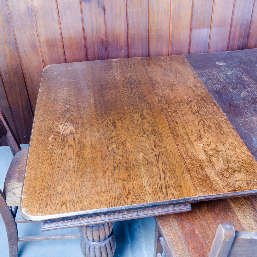 Vintage Oak Dining Table with Leaf Inserts and Chairs