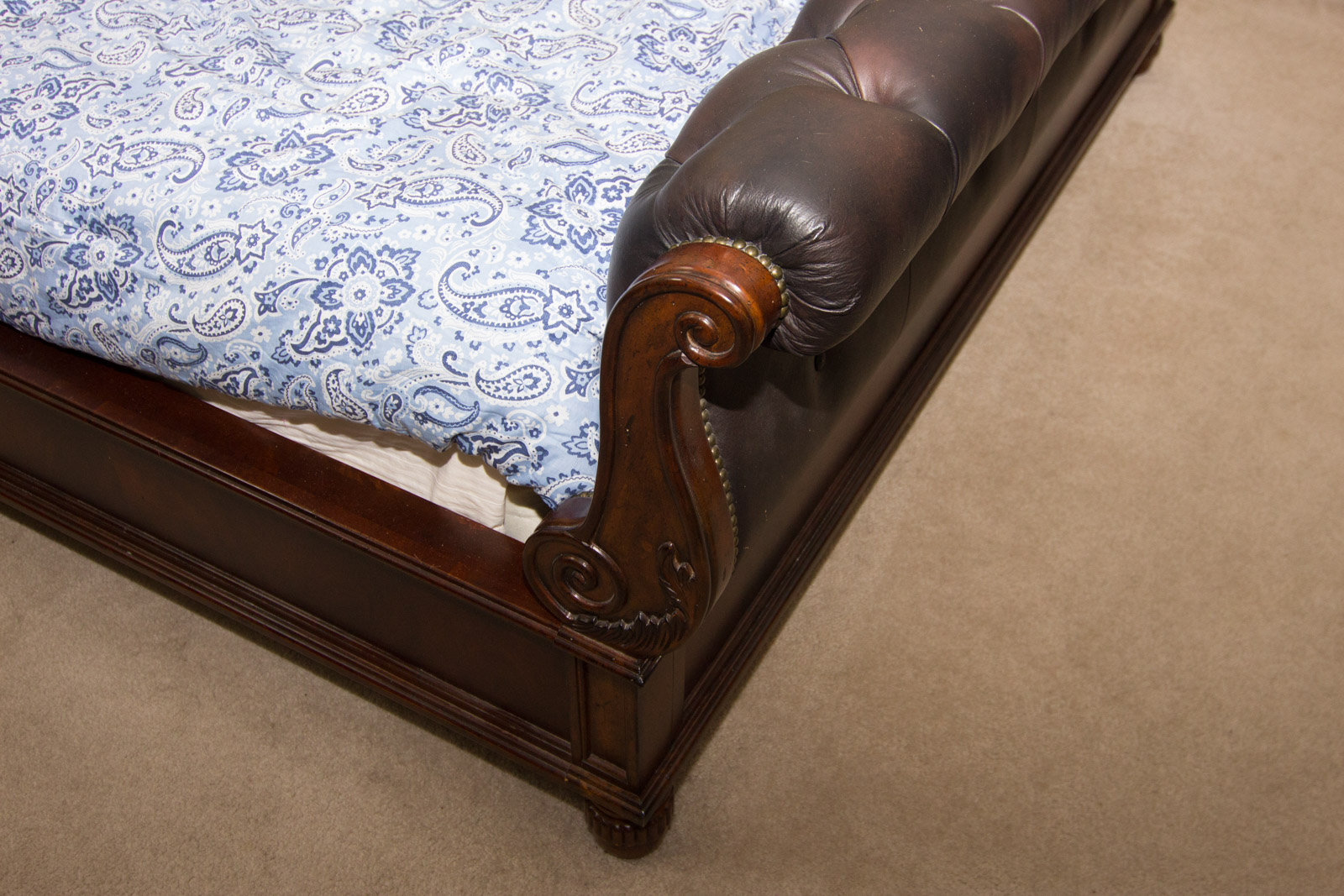 King-Size Tufted Leather Sleigh Bed Frame