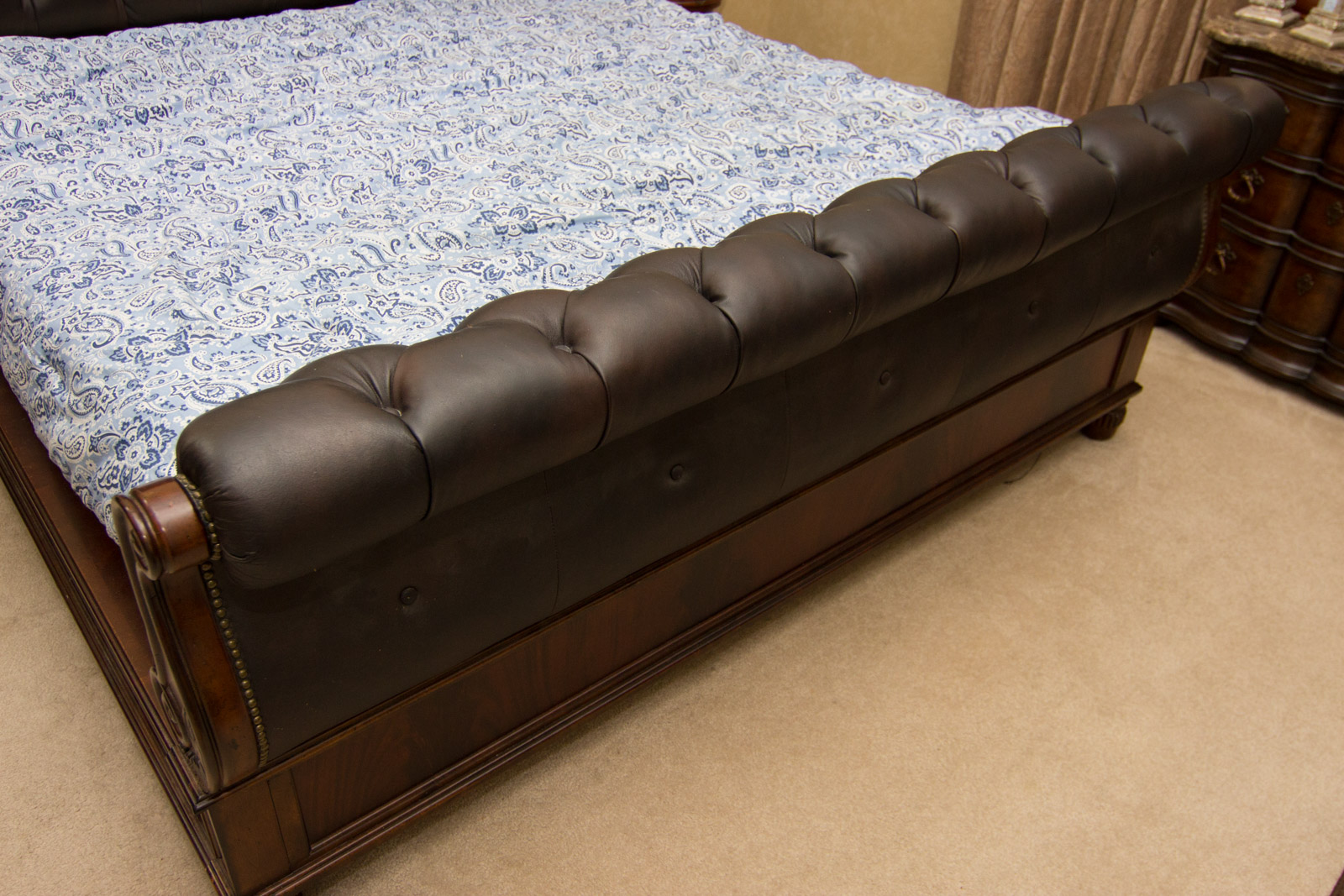 King-Size Tufted Leather Sleigh Bed Frame