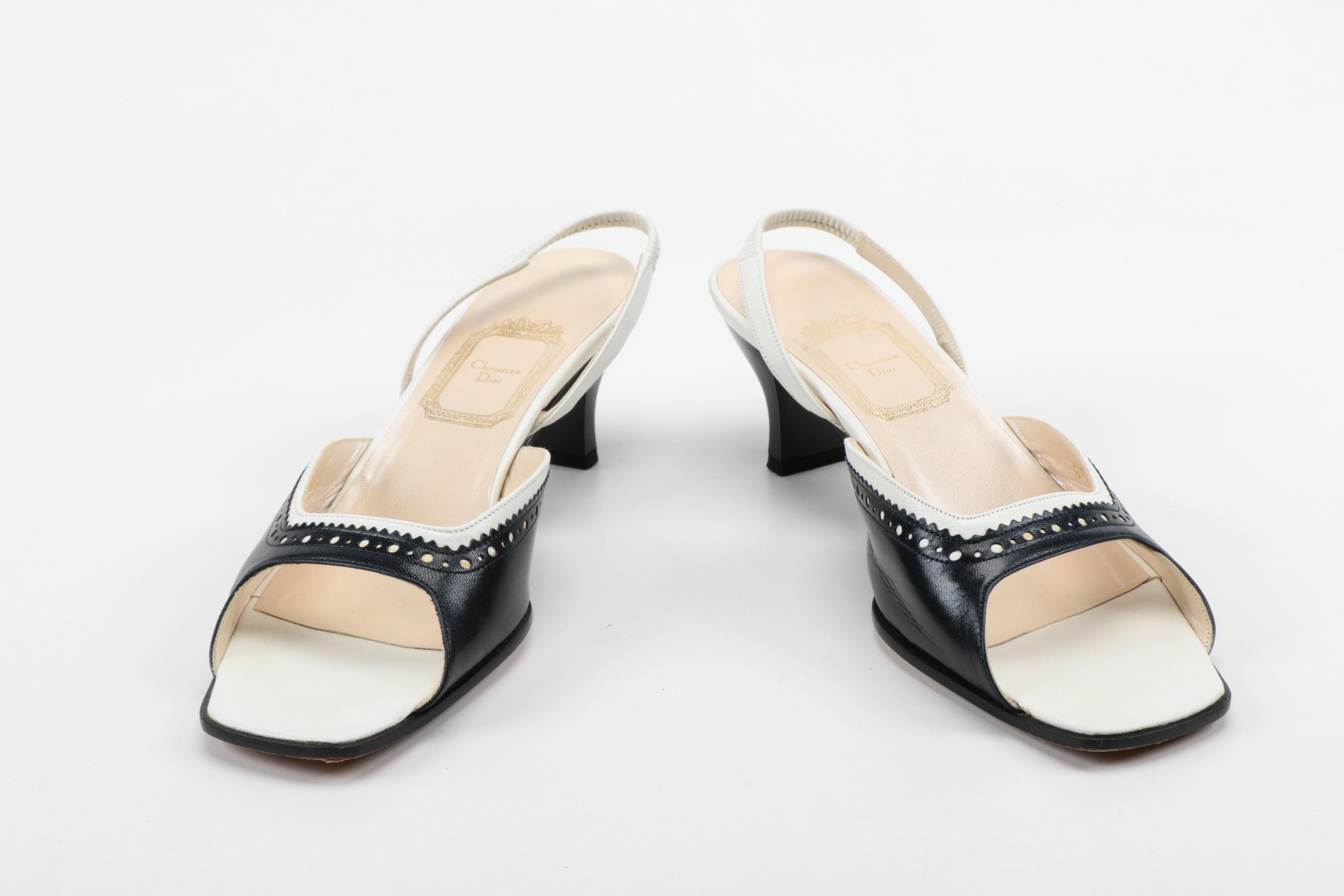 Christian Dior White and Black Leather Open-Toe Slingback Heels