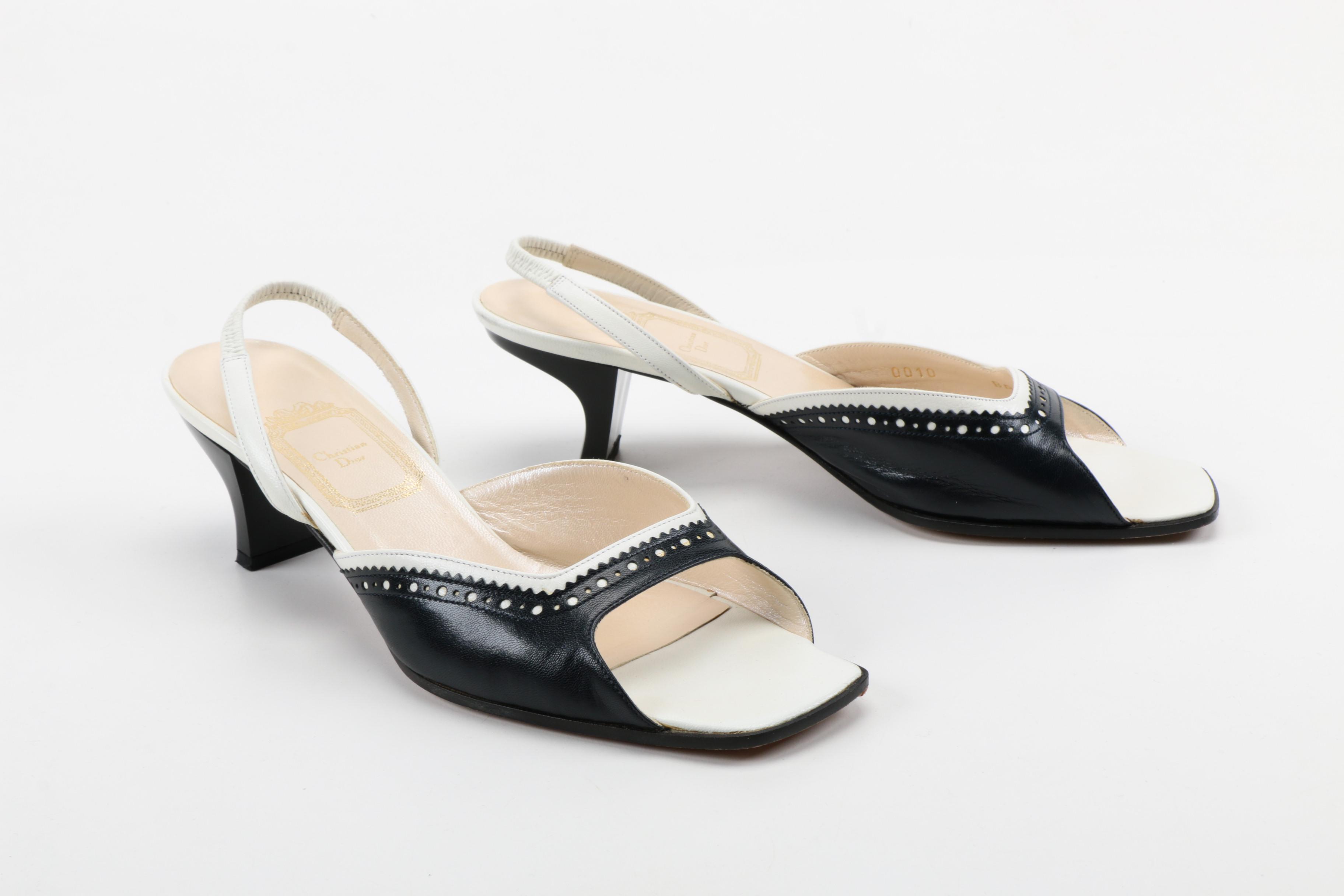 Christian Dior White and Black Leather Open-Toe Slingback Heels