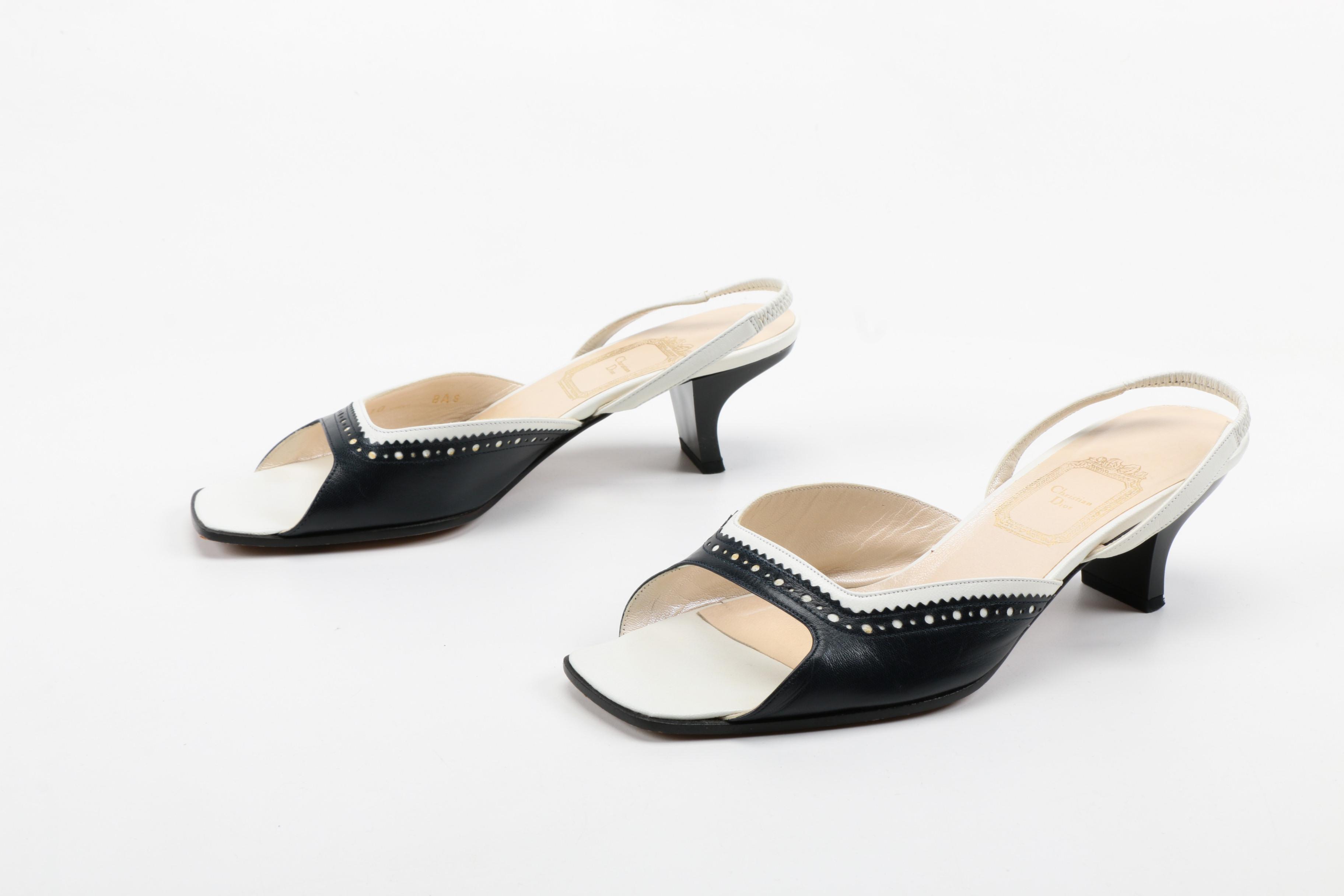 Christian Dior White and Black Leather Open-Toe Slingback Heels