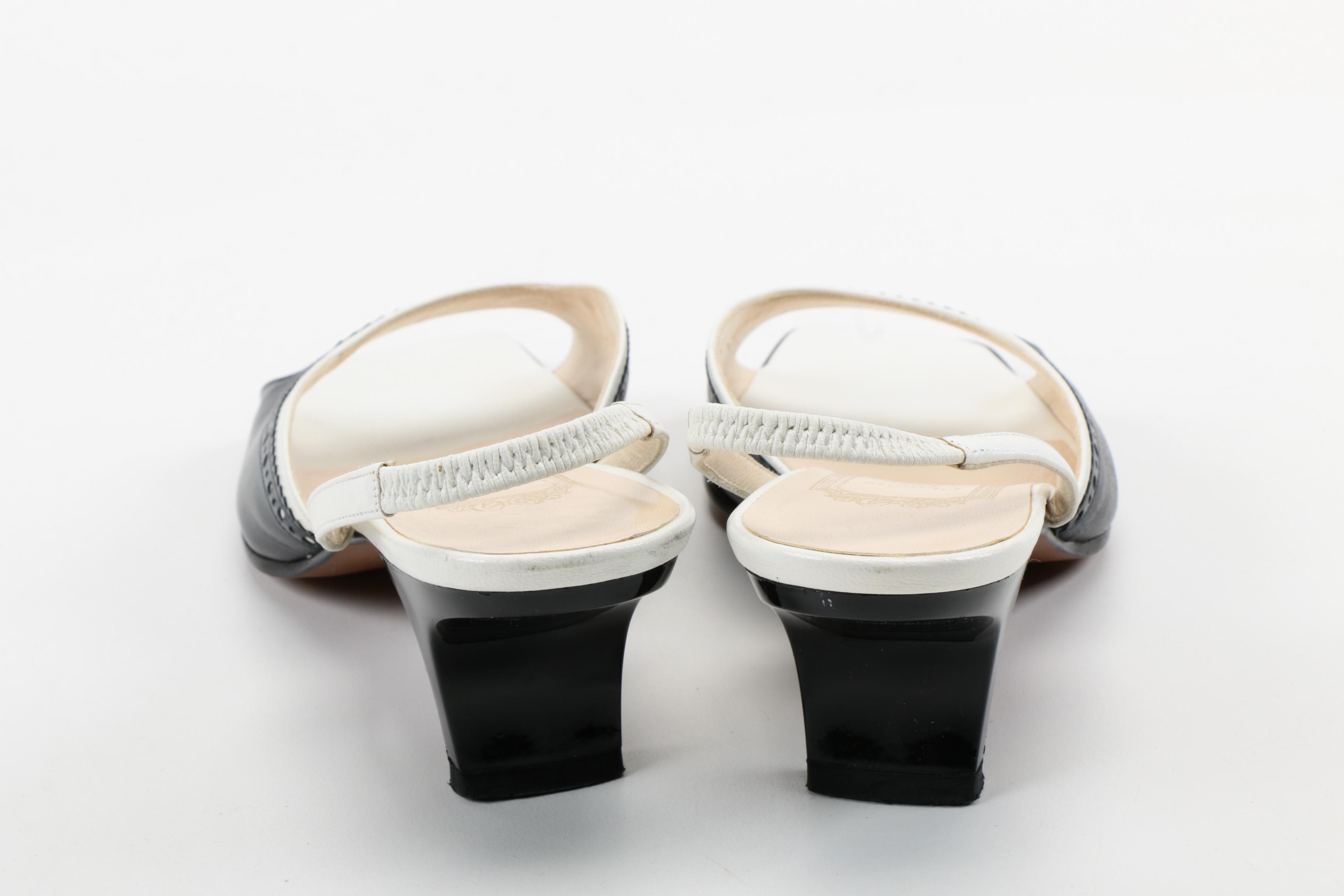 Christian Dior White and Black Leather Open-Toe Slingback Heels