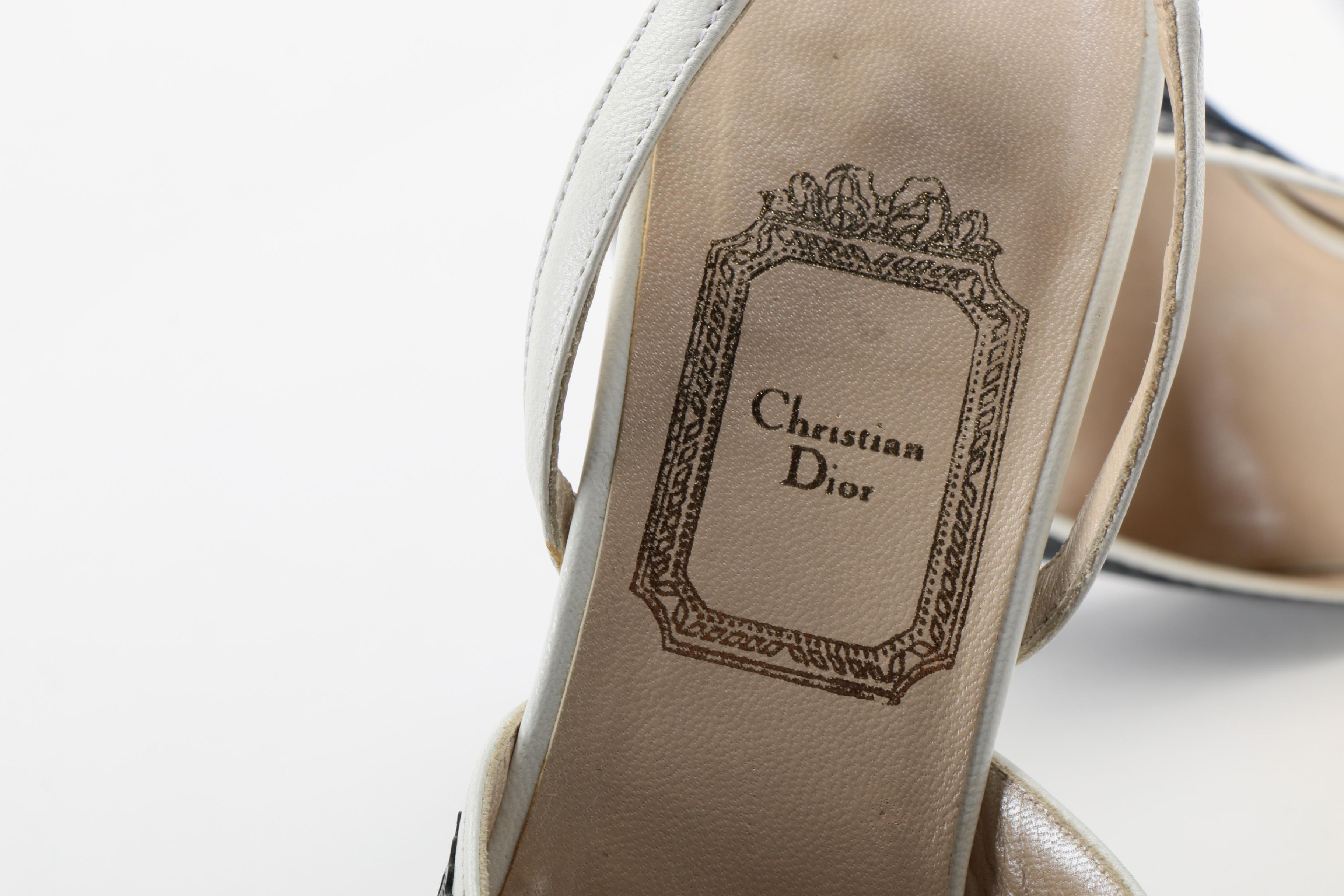 Christian Dior White and Black Leather Open-Toe Slingback Heels