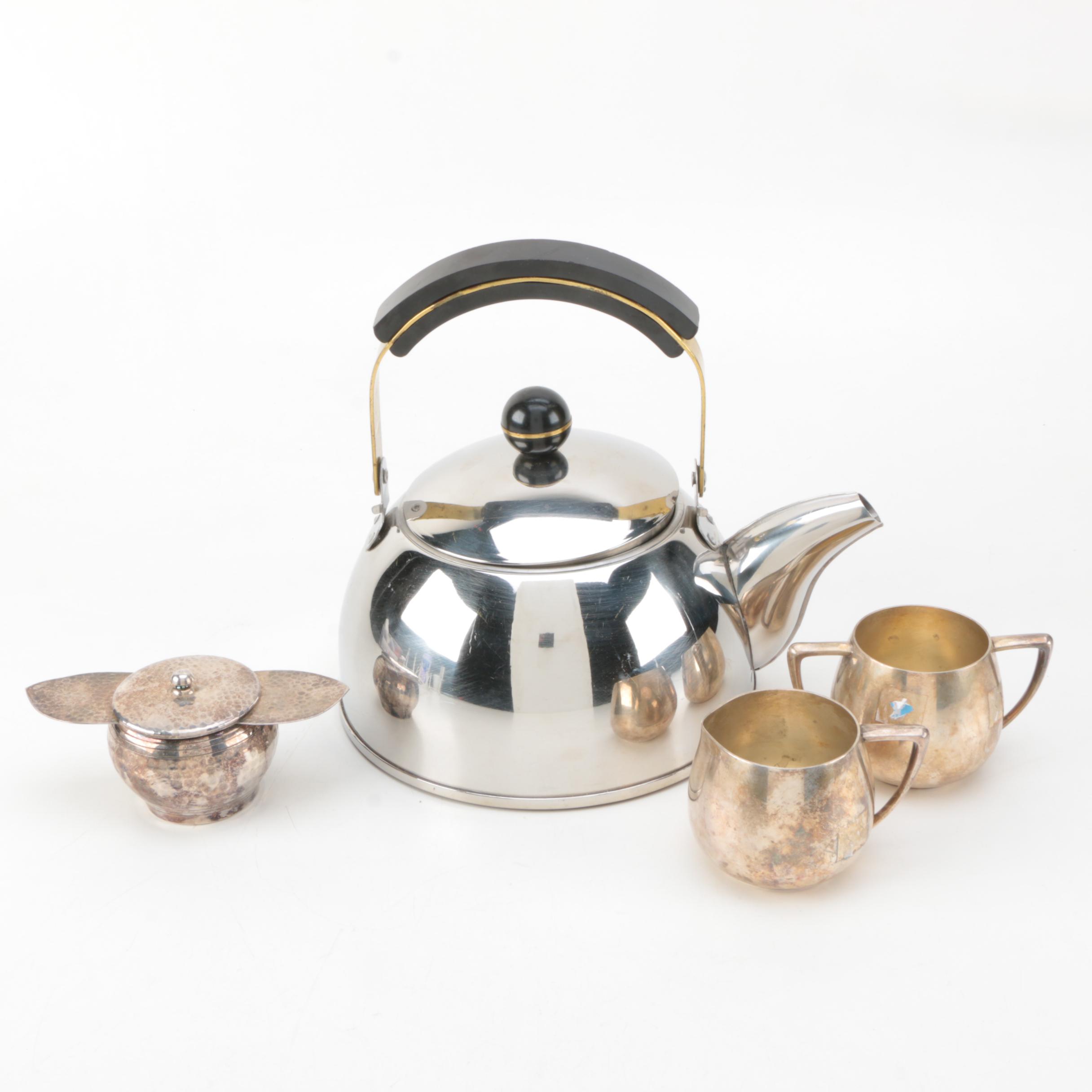 Stainless Steel Tea Kettle with Empire Crafts Silver Plate Sugar and Creamer