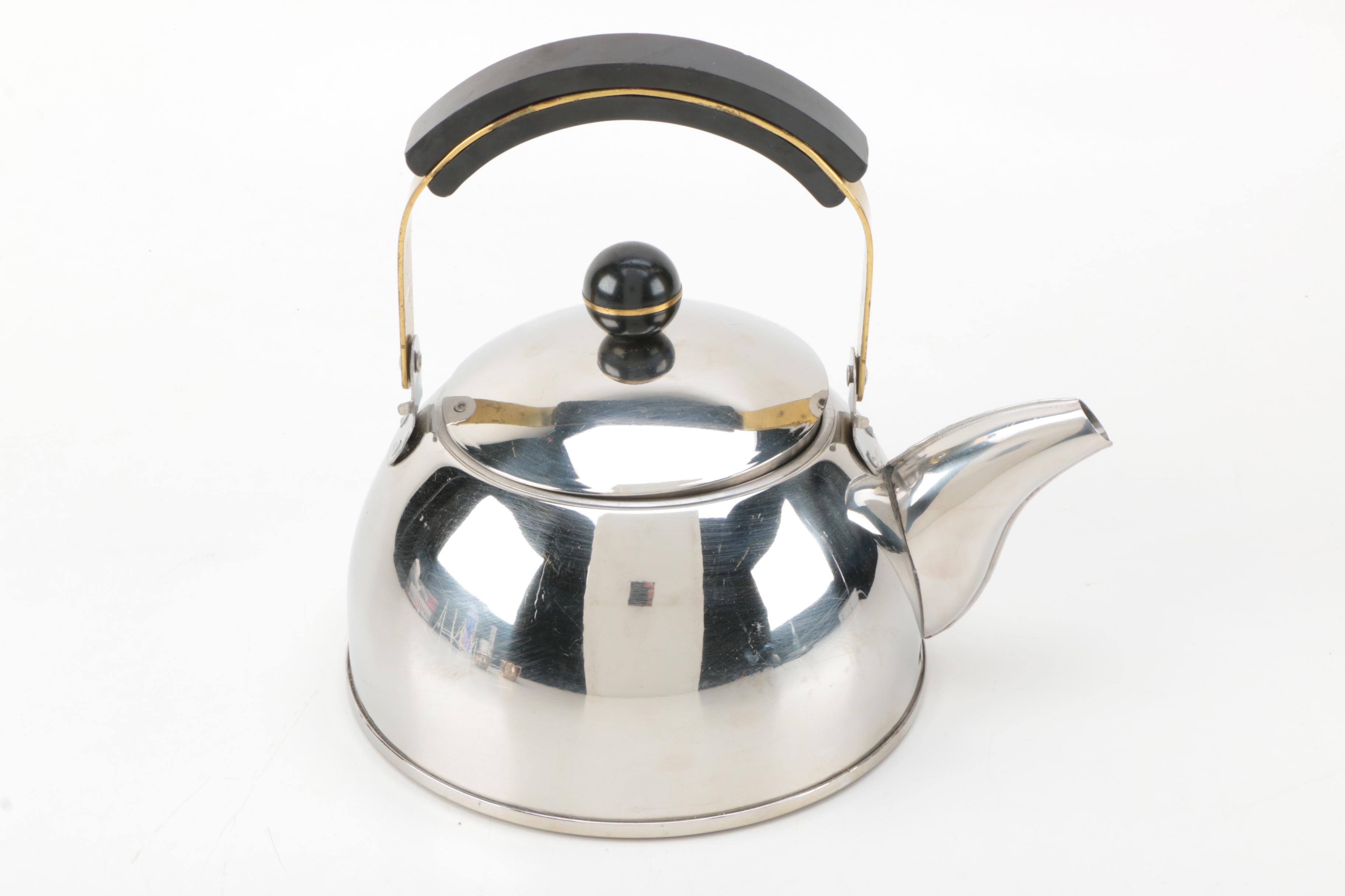 Stainless Steel Tea Kettle with Empire Crafts Silver Plate Sugar and Creamer