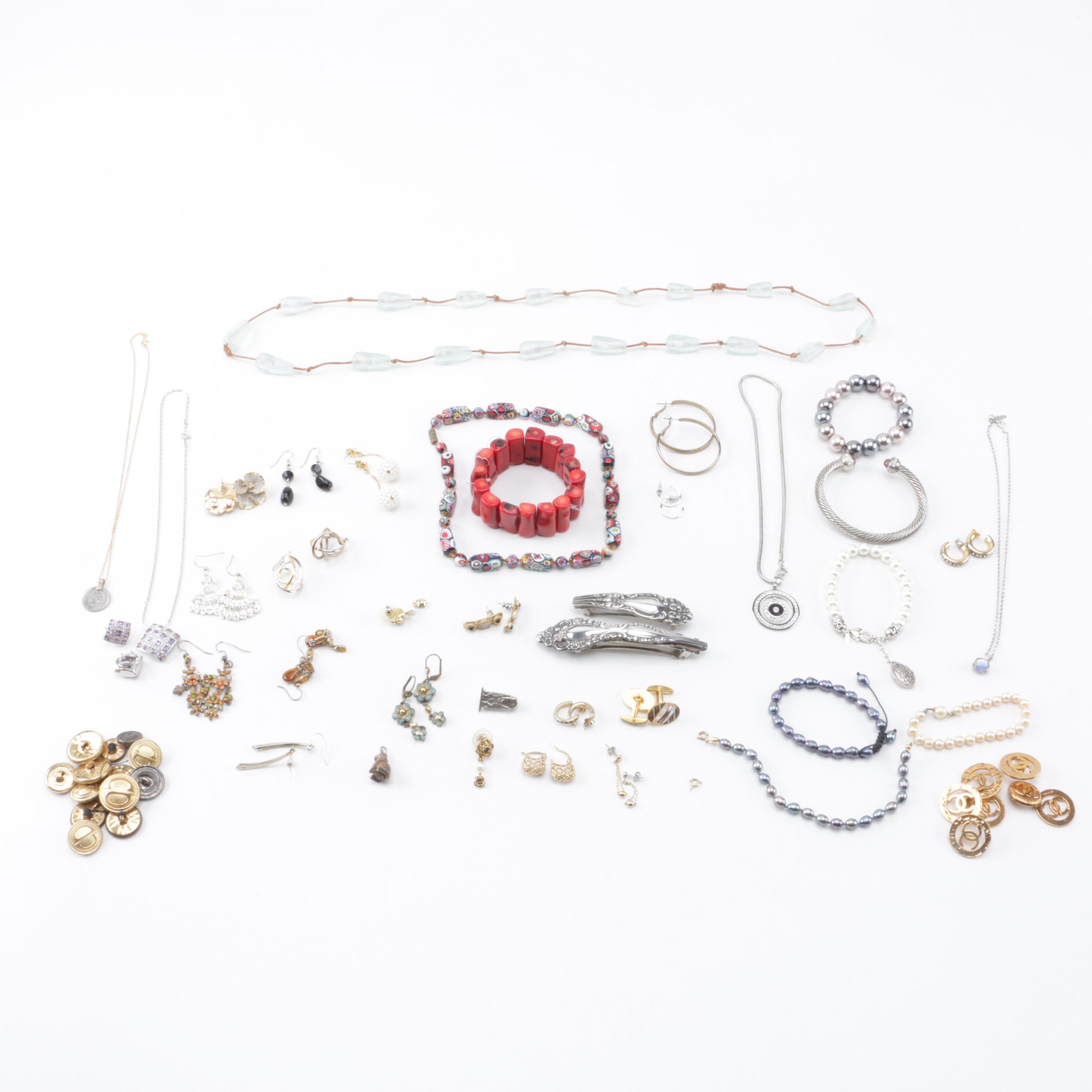 Assortment of Costume Jewelry Including Chanel Buttons