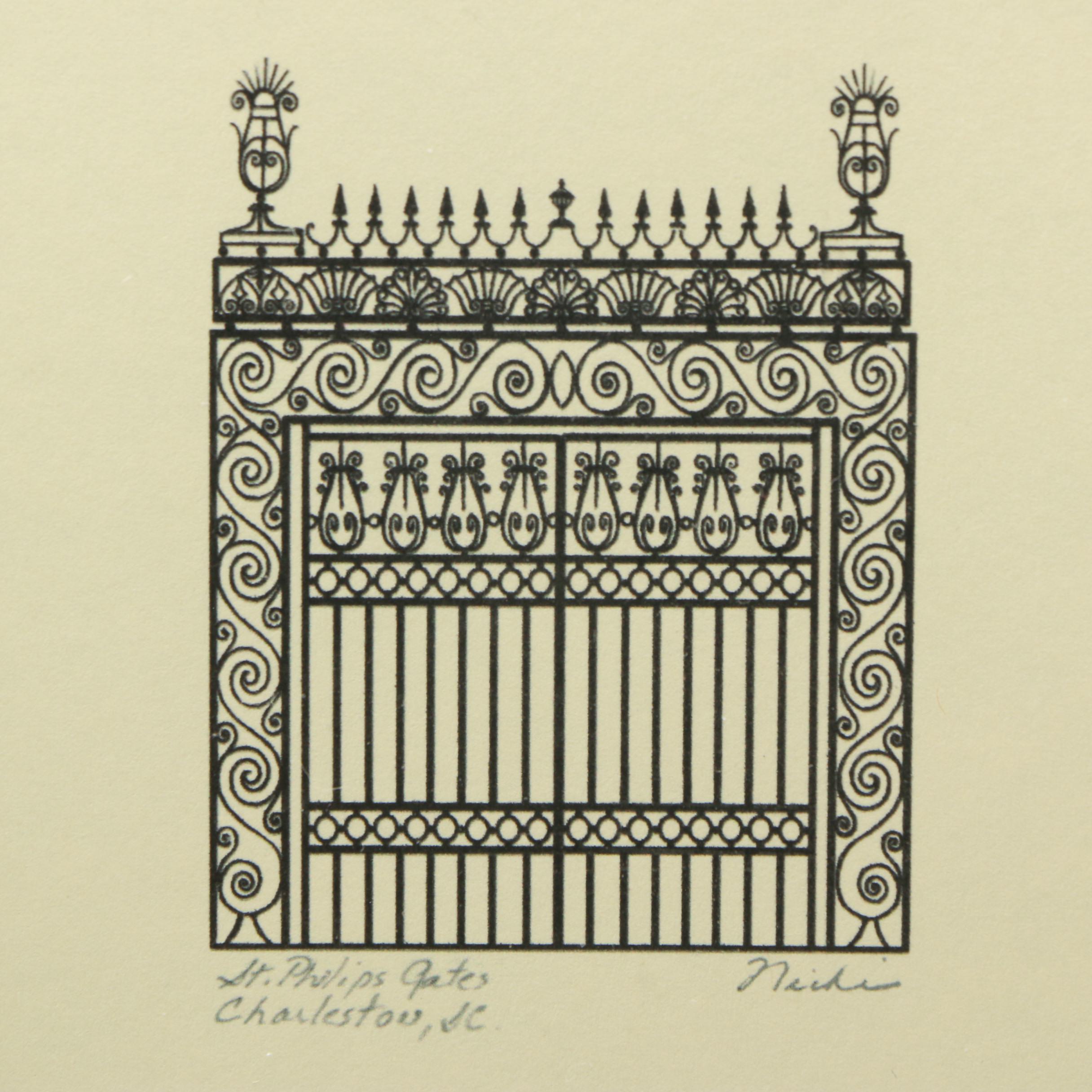 Set of Nicki Williams Lithographs of Gates of Charleston