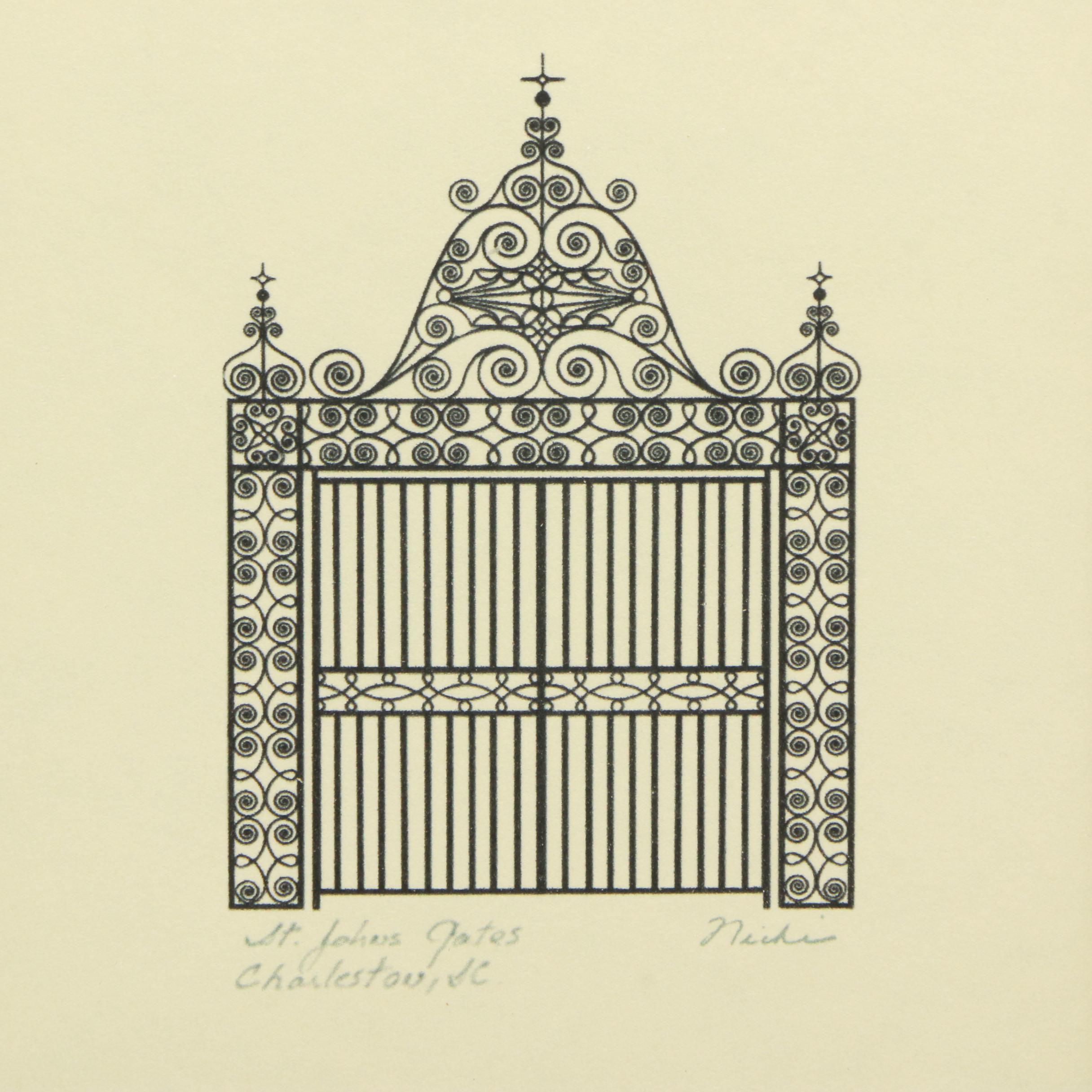 Set of Nicki Williams Lithographs of Gates of Charleston