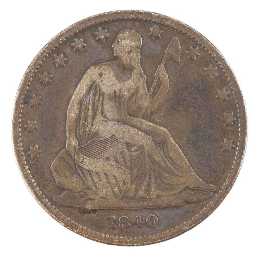 1840 Liberty Seated Silver Half Dollar, Scarce Medium Letters Variety