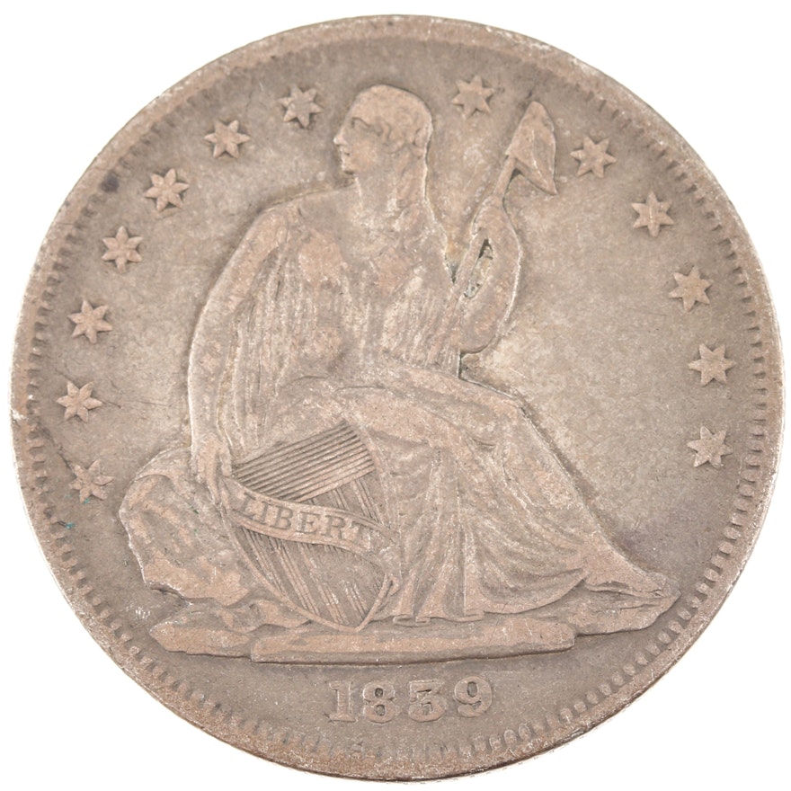 1839 Liberty Seated Silver Half Dollar, No Drapery From Elbow Variety