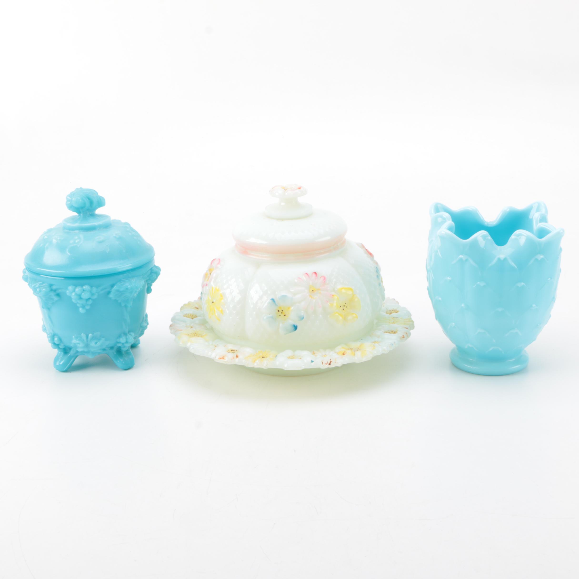 Vintage Indiana Glass Co. Vase and Lidded Candy Dishes