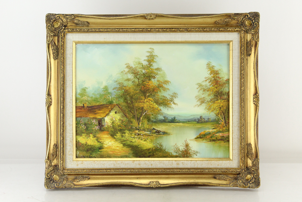 Clara Inness Oil Painting of Cottage by a River