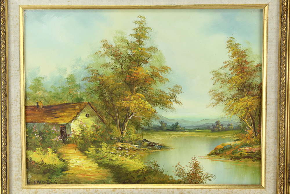 Clara Inness Oil Painting of Cottage by a River