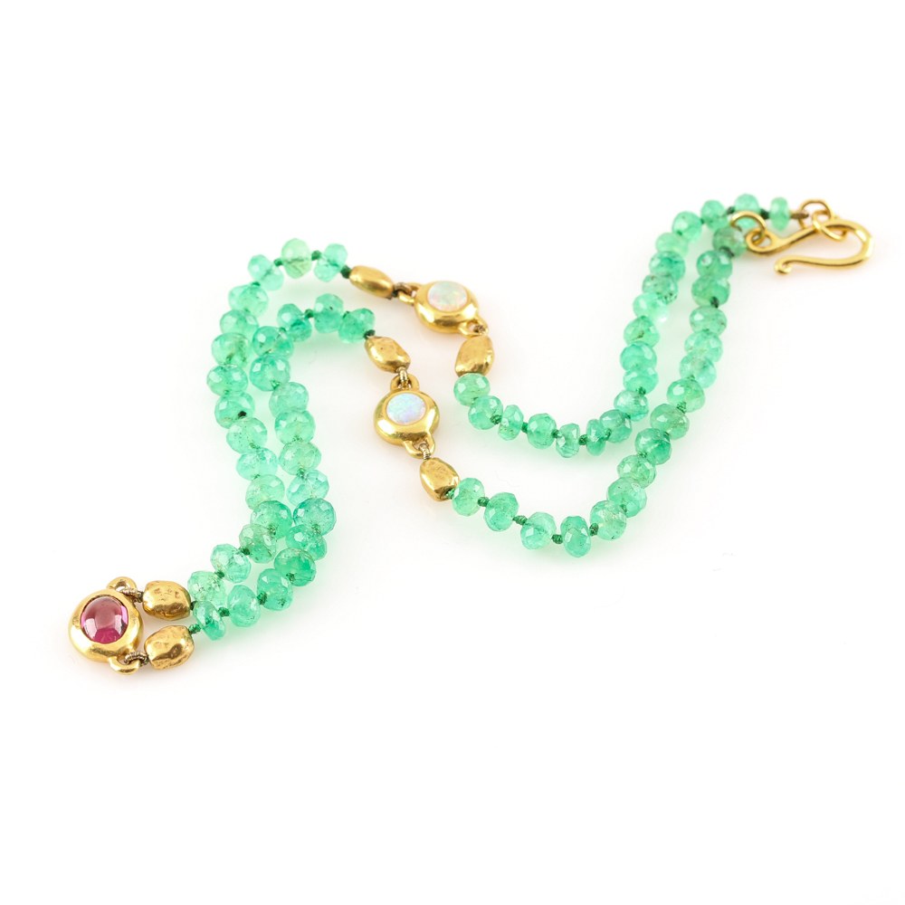 22K Yellow Gold Emerald, Rhodolite Garnet, and Opal Necklace