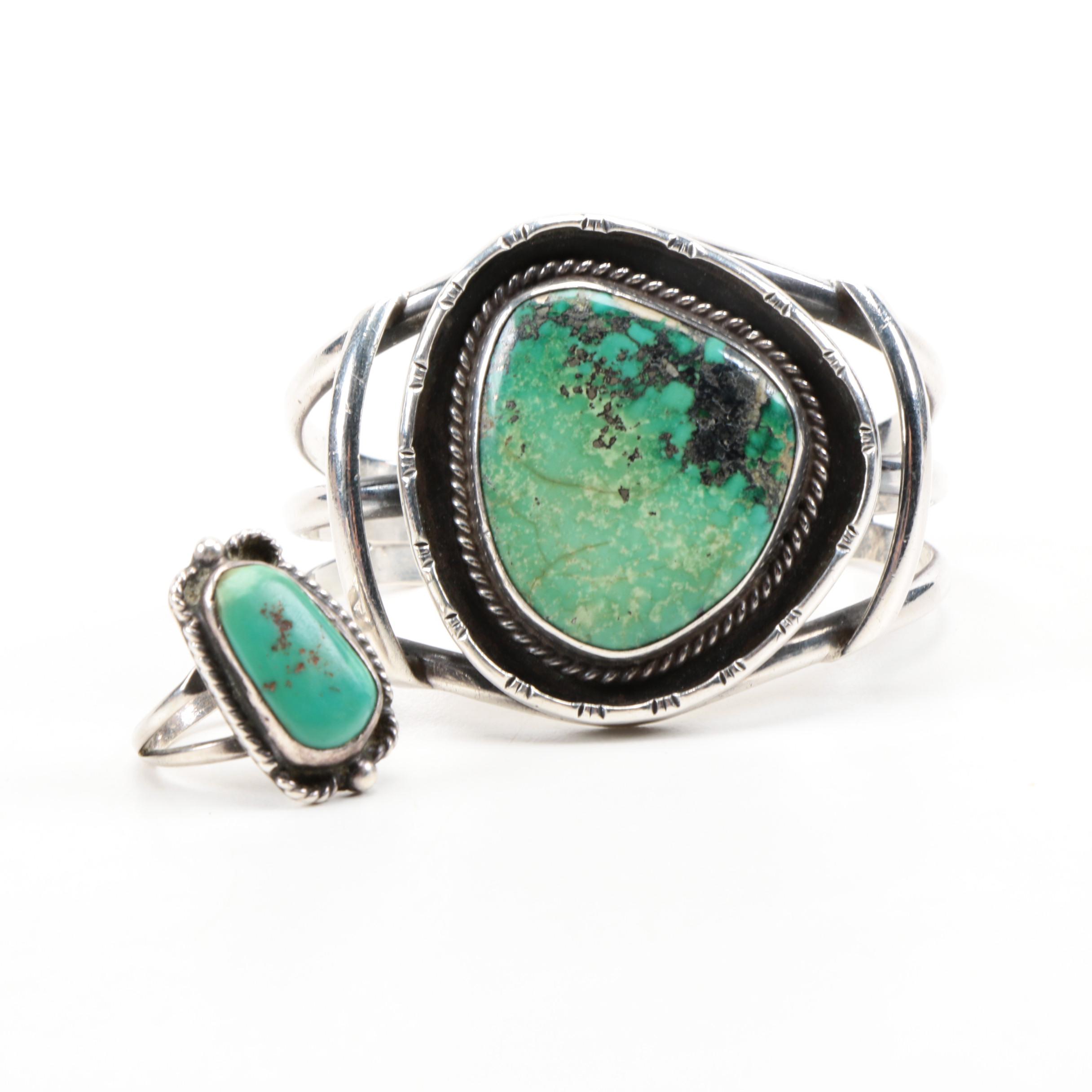 Native American Style Sterling Silver and Turquoise Cuff Bracelet and Ring