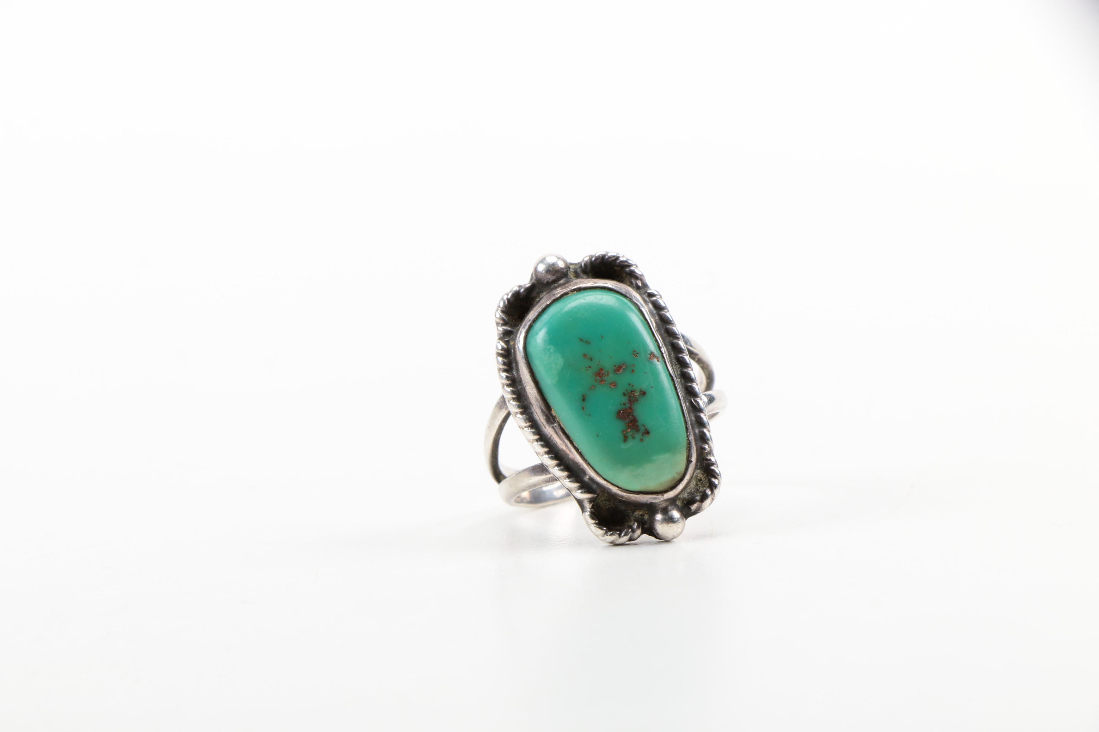Native American Style Sterling Silver and Turquoise Cuff Bracelet and Ring