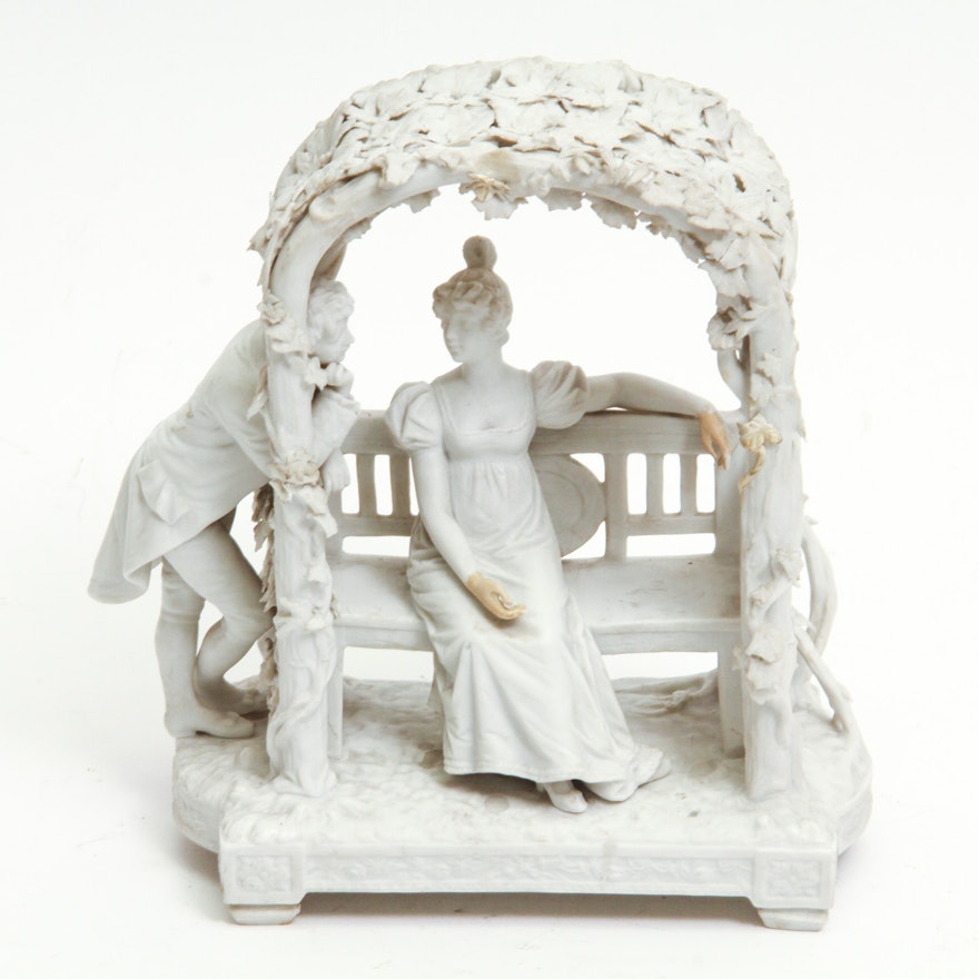 Bisque Porcelain Figurine of Couple Under Covered Porch