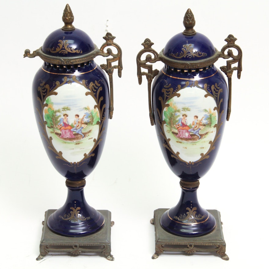 Vintage Sevres Style Cobalt Gilt Metal Mounted Porcelain Urns