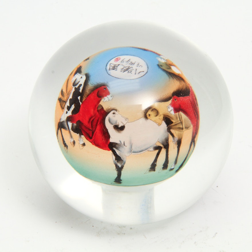 Reverse Painted Glass Paperweight of Horses